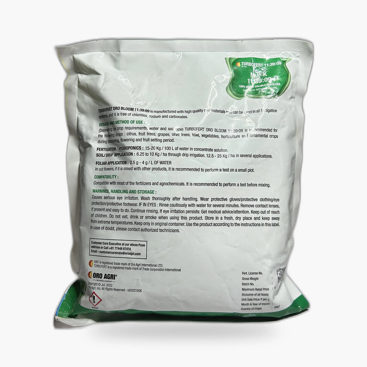 Turbofert Oro Bloom 11-39-9 Fertilizer – Back