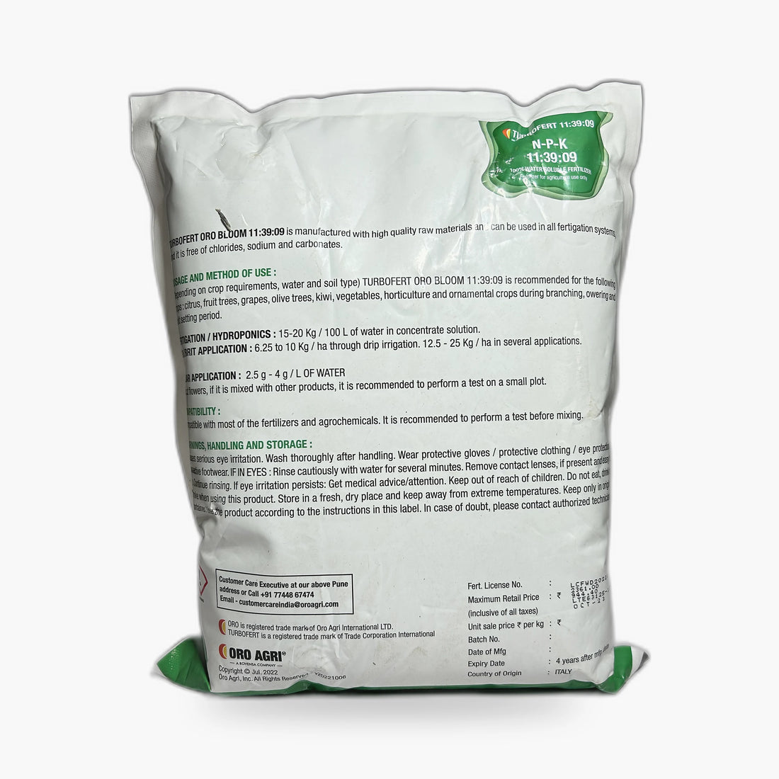 Turbofert Oro Bloom 11-39-9 Fertilizer – Back