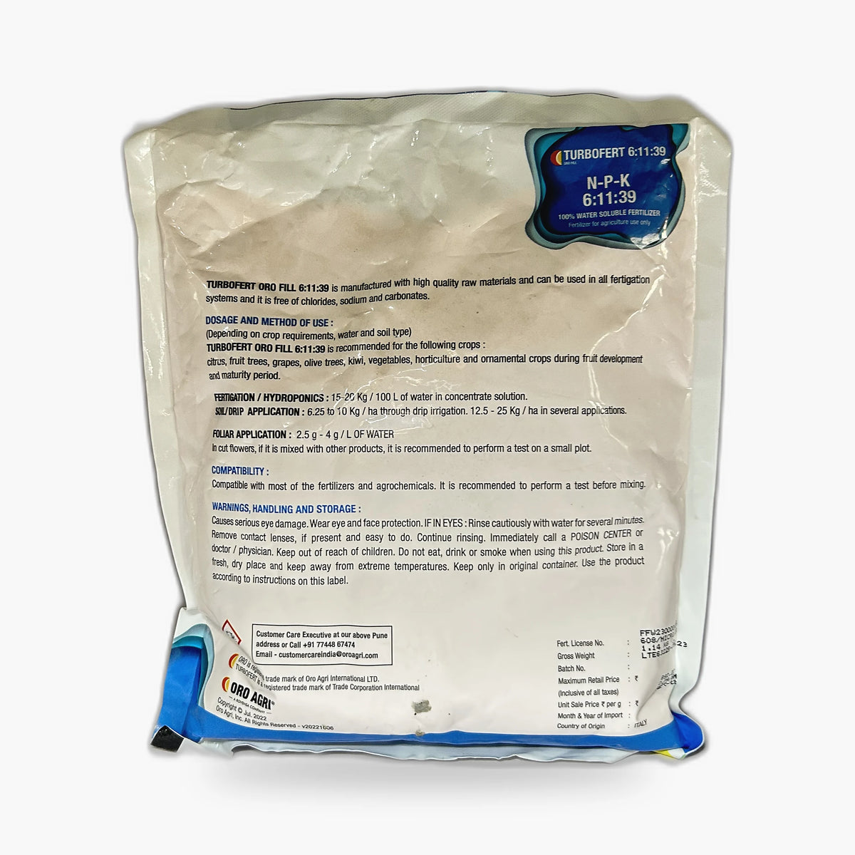Turbofert Oro Fill 6-11-39 Fertilizer – Back