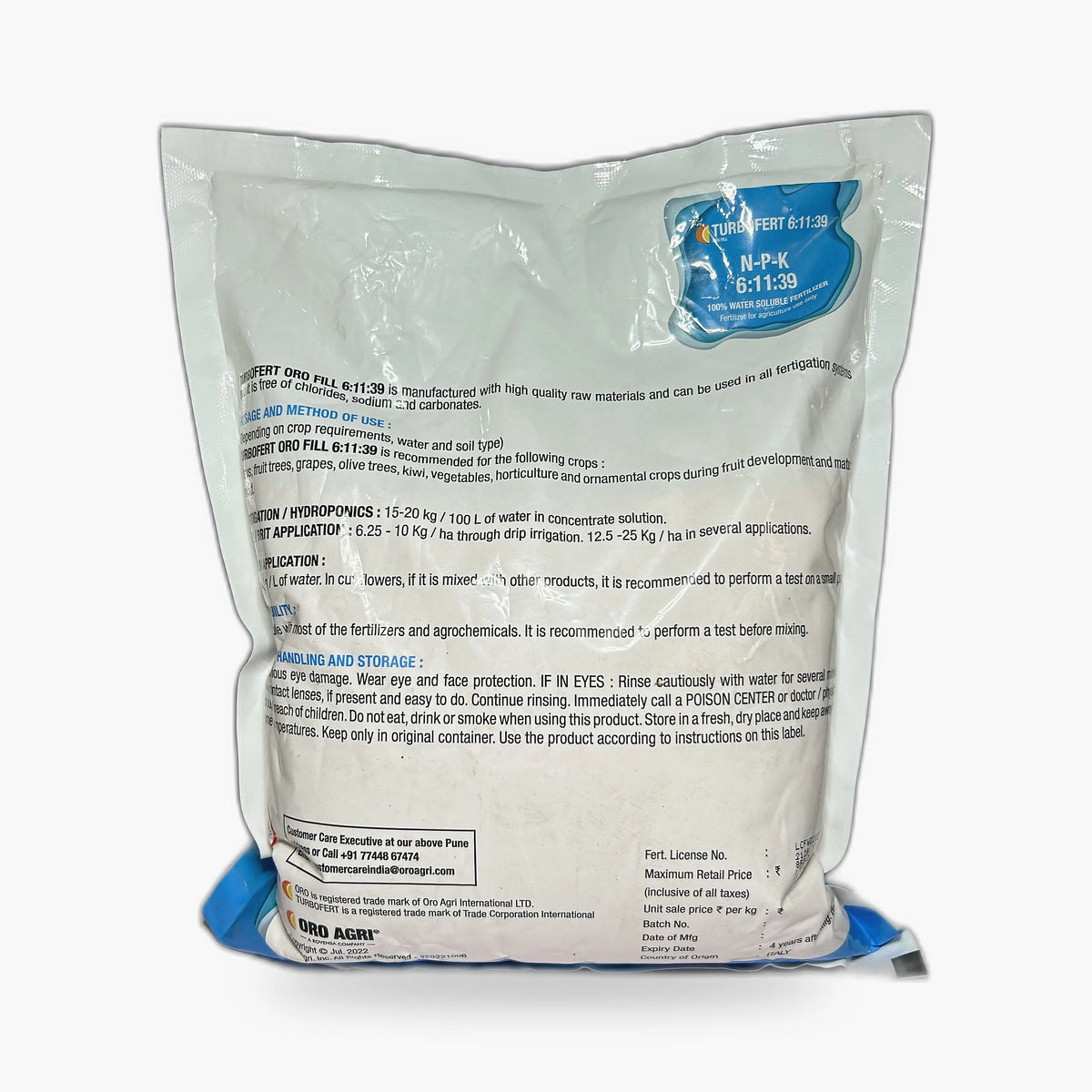 Turbofert Oro Fill 6-11-39 Fertilizer – Back