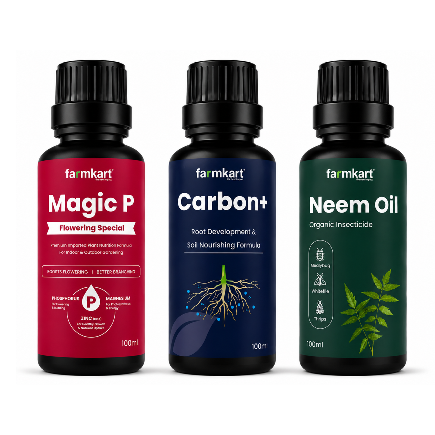 Farmkart Root to Bloom Complete Garden Care Kit (Carbon+ + Magic P + Neem Oil) – 100ml Each