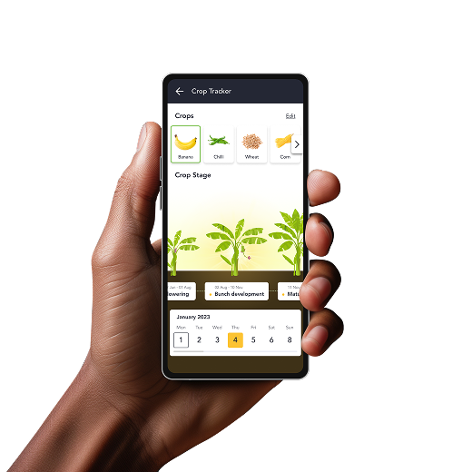 farmkart app on phone — Crop Tracker, Dr. Raichand chatbot, shop, UIC wallet, crop reports